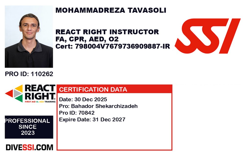 کارت گواهینامه مربی React Right SSI (کمکهای اولیه، CPR، AED، اکسیژن)